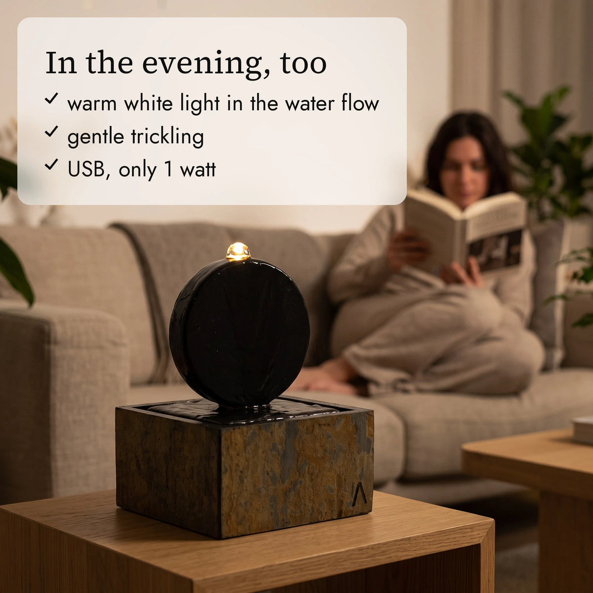 YUU tabletop fountain in the evening (AI content)