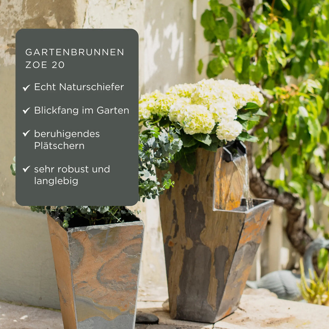 ZOE 20 – Gartenbrunnen mit Pflanzgefäss Wasserfall aus Naturschiefer Braun mit LED-Beleuchtung 28 x 21 x 53 cm 14 kg - CLIMAQUA