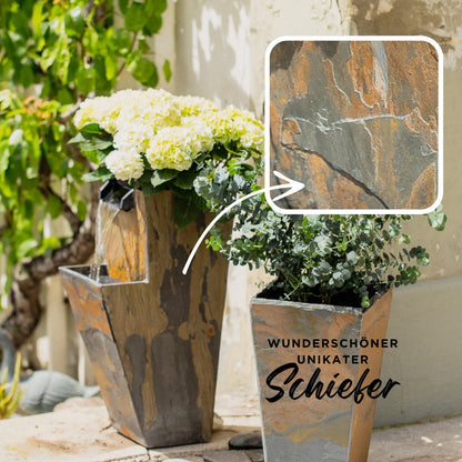 ZOE 20 – Gartenbrunnen mit Pflanzgefäss Wasserfall aus Naturschiefer Braun mit LED-Beleuchtung 28 x 21 x 53 cm 14 kg - CLIMAQUA