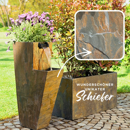 ZOE 30 – Wasserfallbrunnen mit Pflanzgefäss aus Naturschiefer Braun mit LED-Beleuchtung 38 x 26 x 76 cm 25 kg - CLIMAQUA