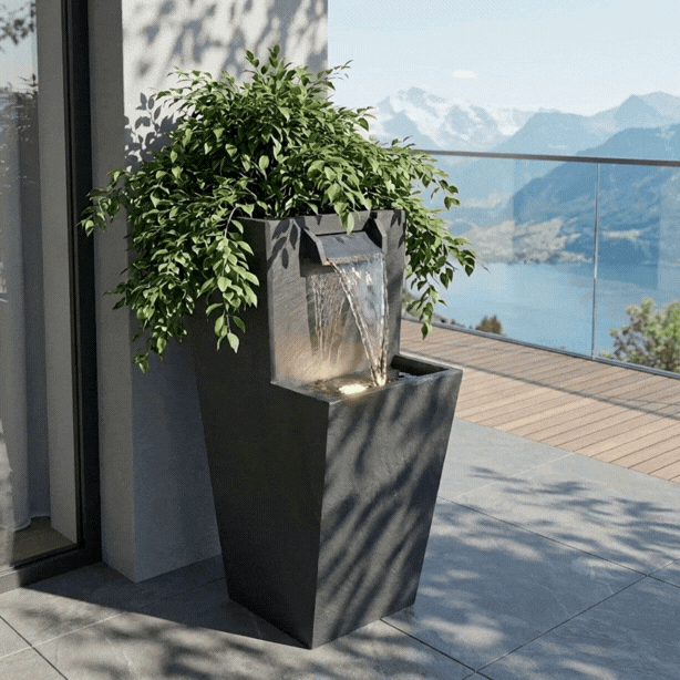 ZOE 20 Anthrazit – Gartenbrunnen mit Pflanzgefäss Wasserfall aus Naturschiefer Schwarz mit LED-Beleuchtung 28 x 21 x 53 cm 15 kg - CLIMAQUA