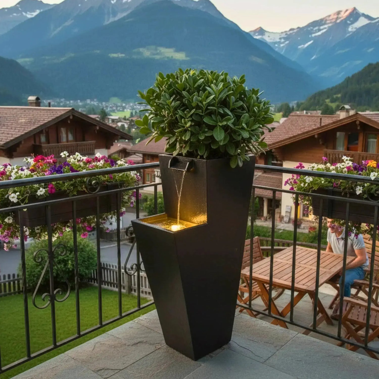 ZOE 30 Anthrazit – Wasserfallbrunnen mit Pflanzgefäss aus Naturschiefer Braun mit LED-Beleuchtung 38 x 26 x 76 cm 25 kg - CLIMAQUA