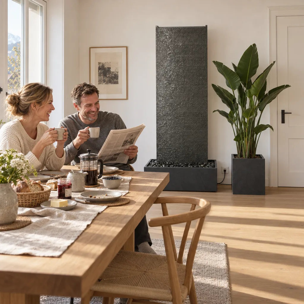 EDEN GRANDE Wasserwand aus Granitstein in einem Essbereich, drei Personen am Tisch beim Frühstück - CLIMAQUA (KI-Inhalte)