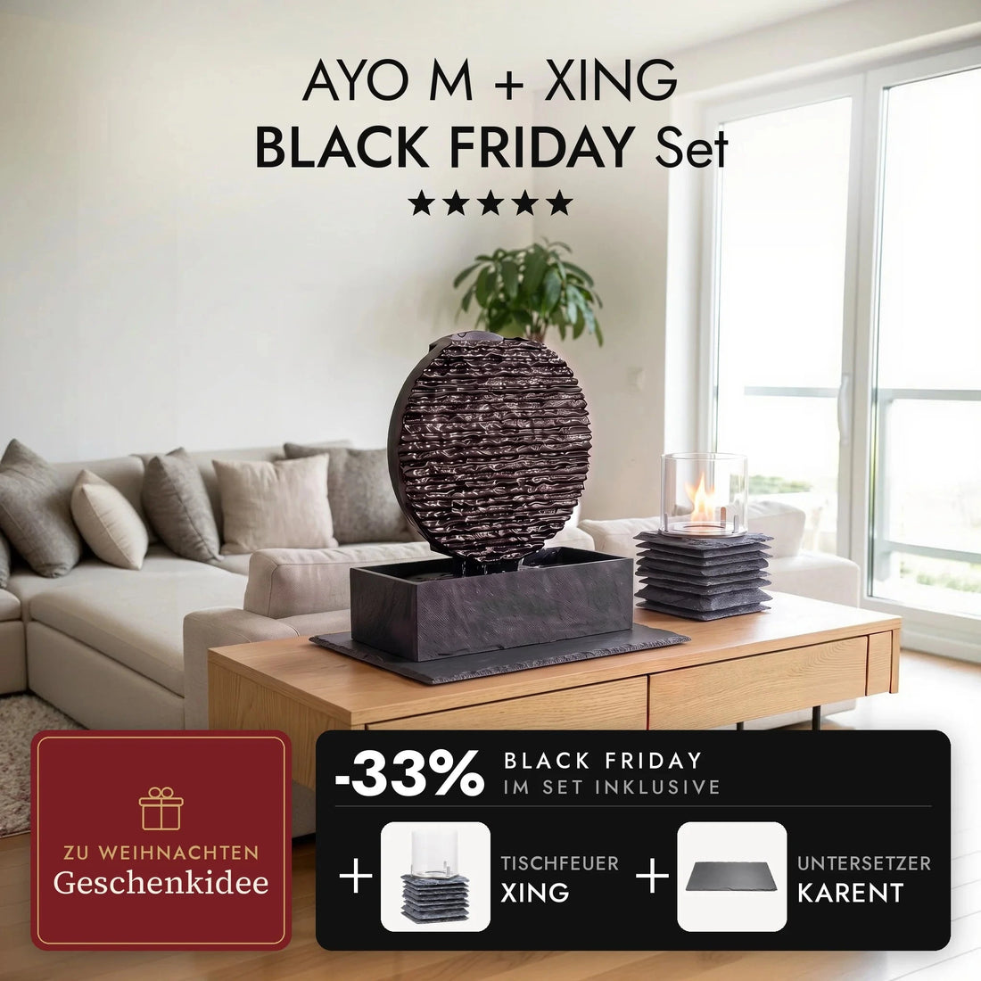 Kamerfontein AYO M op de leisteenplaat KARENT en brandend tafelvuur XING ernaast op het dressoir in de woonkamer, AYO M + XING BLACK FRIDAY Set (AI-content)