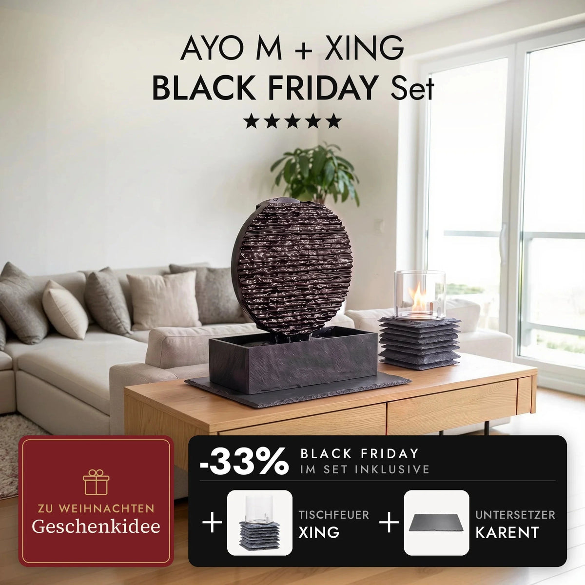 Fontaine d’intérieur AYO M sur la plaque d’ardoise KARENT et feu de table XING allumé à côté, sur le buffet dans le salon, set AYO M + XING BLACK FRIDAY (contenus IA)
