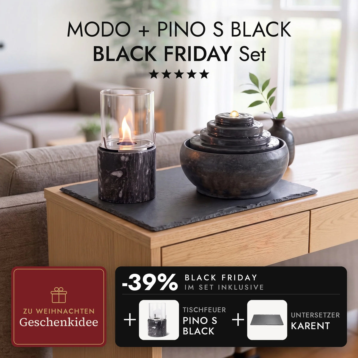 MODO indoor fountain and burning PINO S BLACK tabletop fire together on the KARENT slate slab on the sideboard in the living room, MODO + PINO S BLACK BLACK FRIDAY Set (AI content)