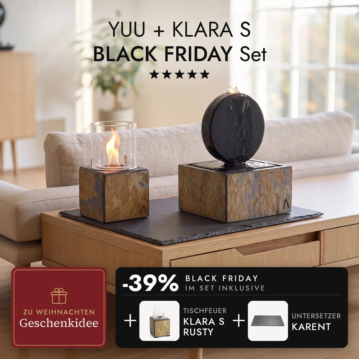 YUU indoor fountain and burning KLARA S Rusty tabletop fire together on the KARENT slate slab on the sideboard in the living room, YUU + KLARA S BLACK FRIDAY Set (AI content)