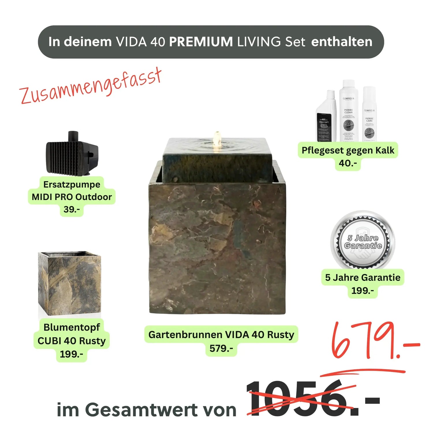Gartenbrunnen VIDA 40 PREMIUM LIVING Set Rusty - CLIMAQUA