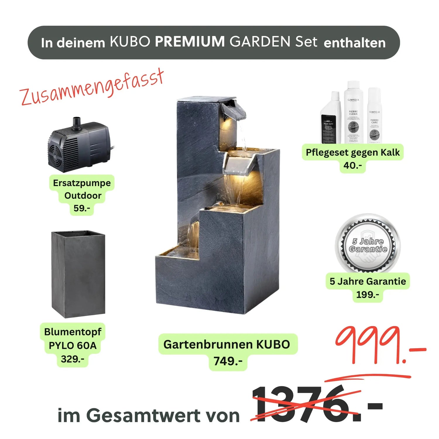 Gartenbrunnen KUBO PREMIUM GARDEN Set - CLIMAQUA