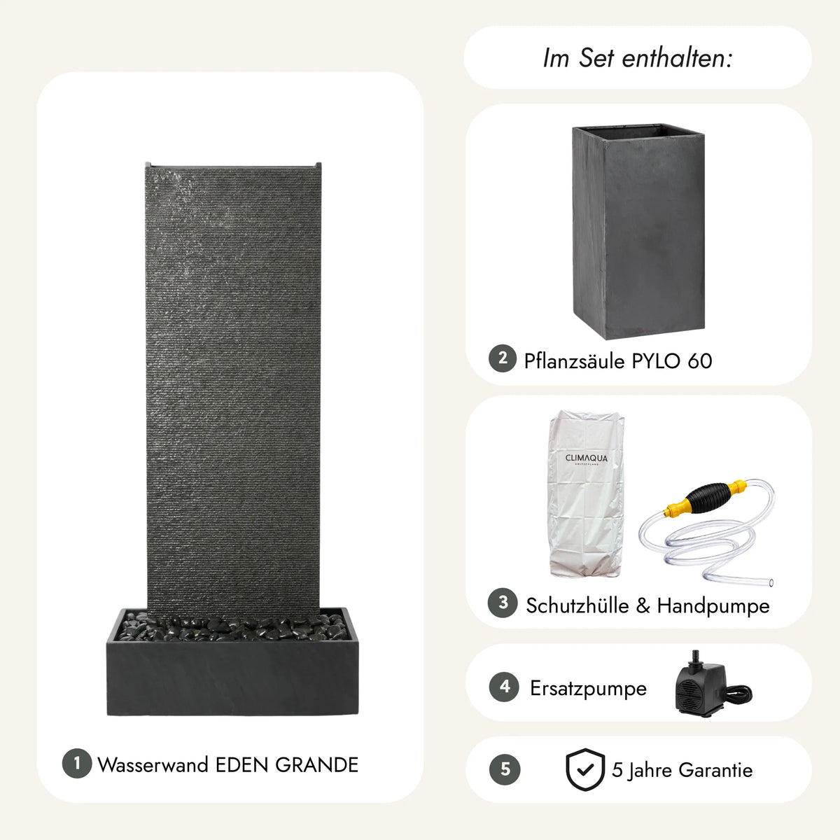 Exklusive XXL Wasserwand 180cm echt Granit Stein – EDEN GRANDE DREAM SET