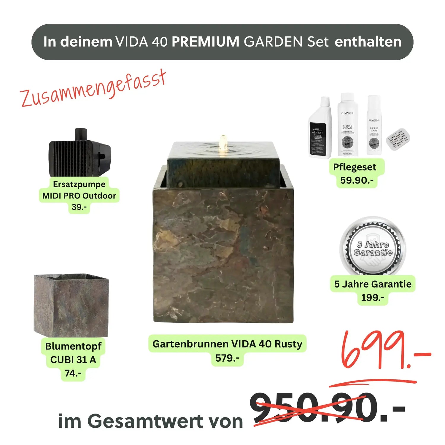 Gartenbrunnen VIDA 40 PREMIUM GARDEN Set Rusty - CLIMAQUA