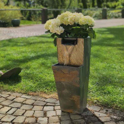 ZOE 20 Rusty – Garden fountain with planter, waterfall made of natural slate, brown with LED lighting, 28 x 21 x 53 cm, 14 kg