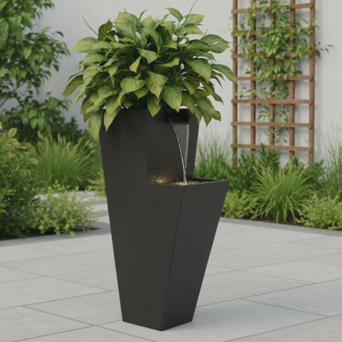 ZOE 30 Anthrazit –  Premium Wasserfall Brunnen mit Pflanzgefäss aus Naturschiefer Schwarz mit LED-Beleuchtung 38 x 26 x 76 cm 25 kg